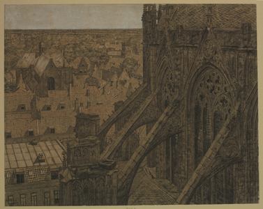 28923 Overzicht van de stad Utrecht vanaf het noordertransept op een gedeelte van de koorlantaarn van het koor van de ...